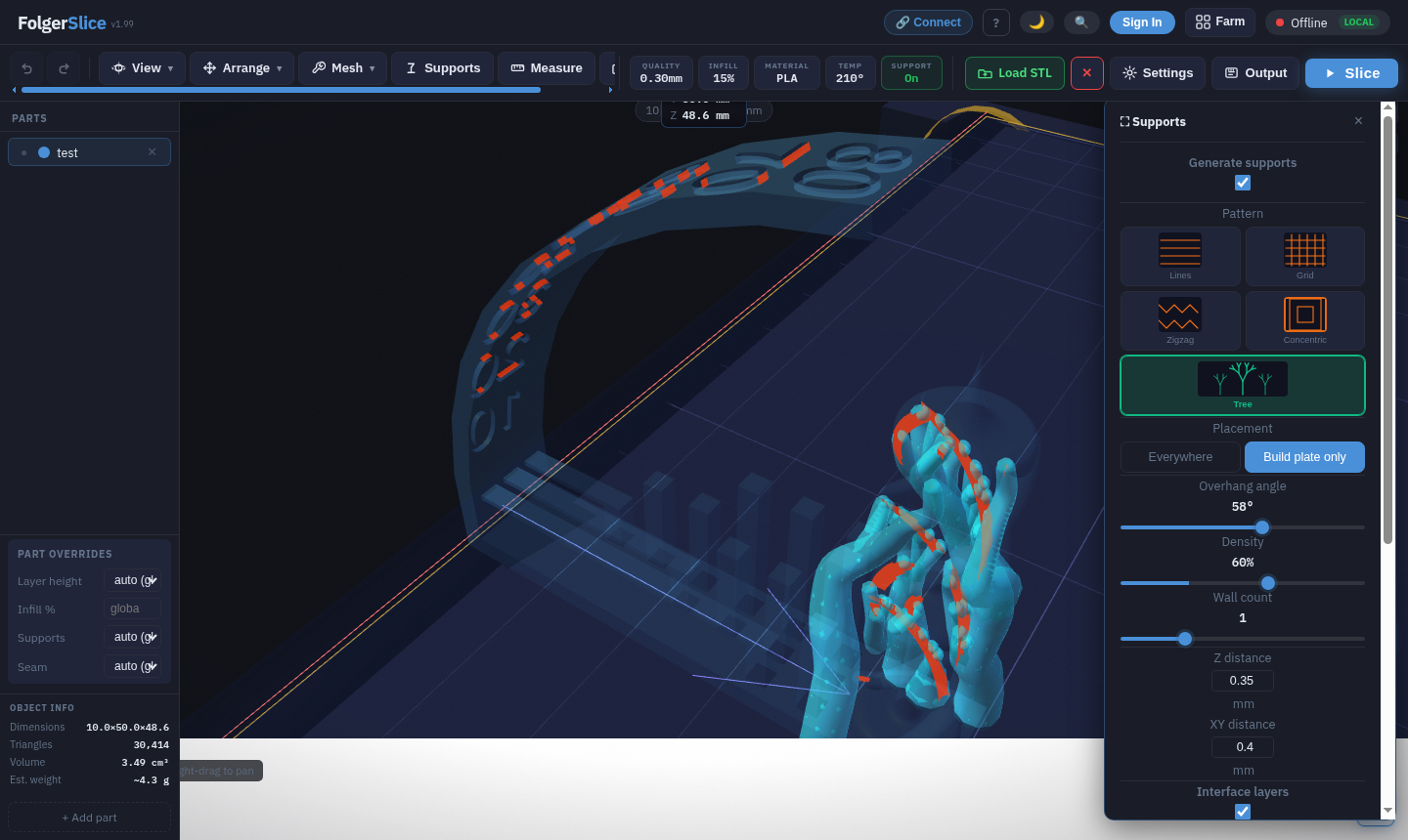 FolgerSlice — isometric view with tree support on belt printer